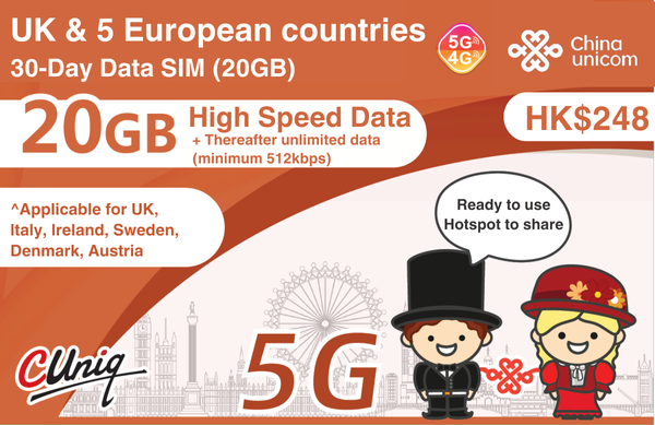 UK & 5 European countries 30 Day Data SIM